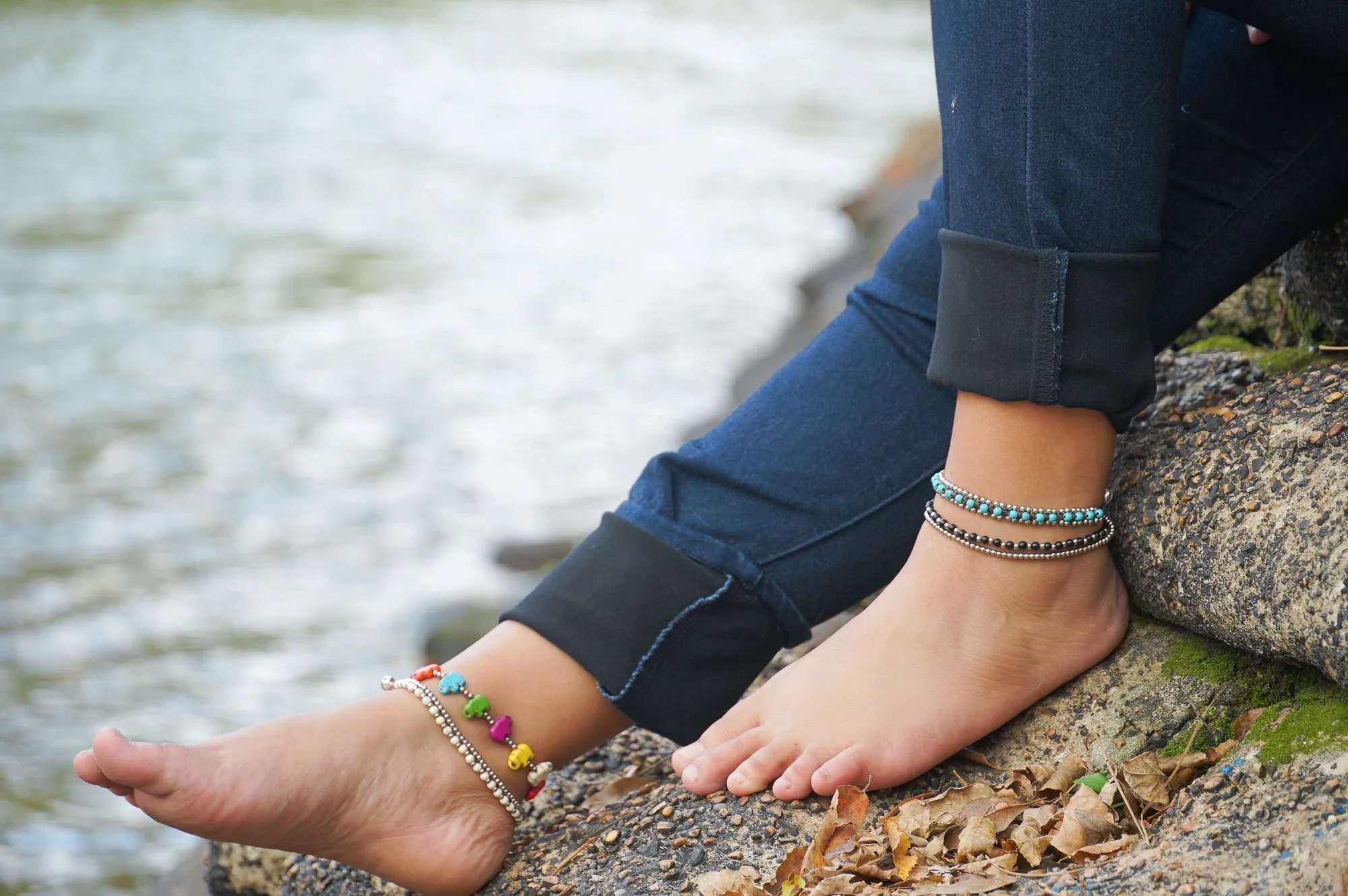 White Turquoise Bell Boho Silver Anklet