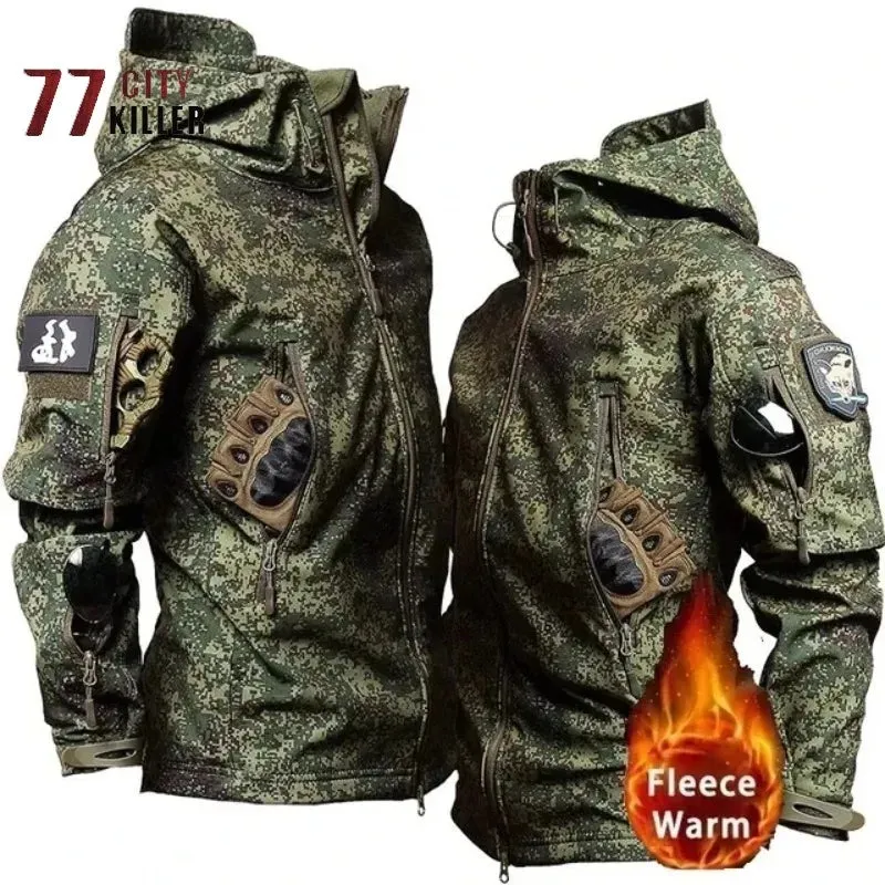 Winter Russian Fleece Hooded Mens Jacket Multiple Pocket Zipper Waterproof and Windproof Tactical Coat Ropa Hombre